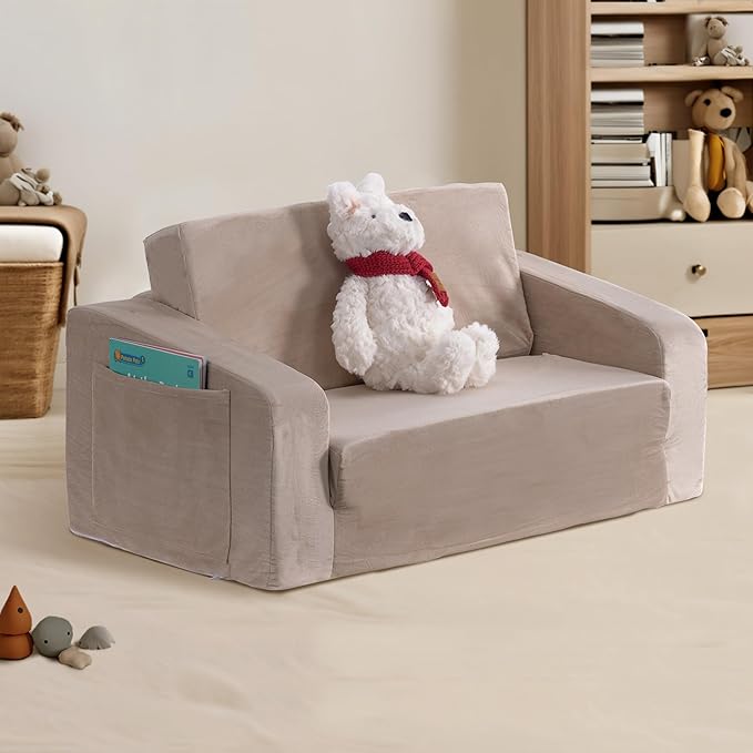 Kids Couch, Extra Wide 2-in-1 Toddler Sofa Convertible Fold Out to Lounger Bed for Girls and Boys, Apricot