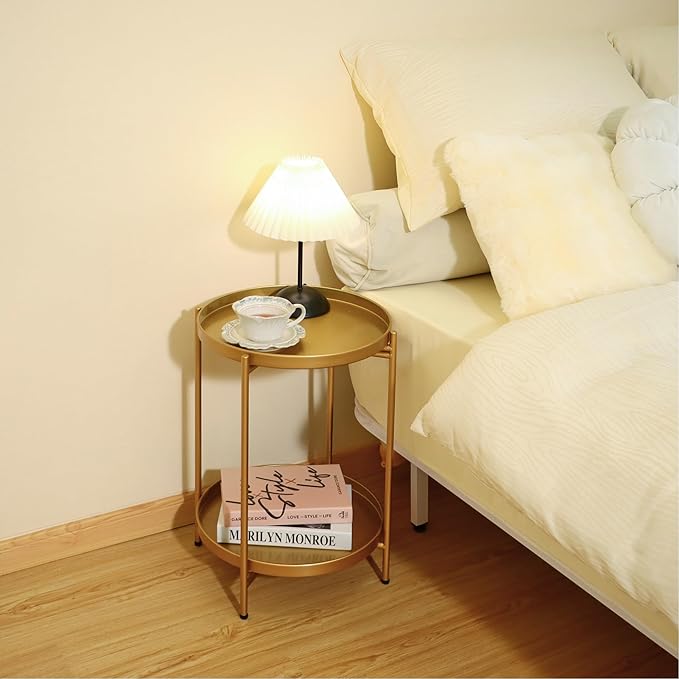 2-Tier Round End Side Table, Small Metal Side Table with Removable Tray, Folding Accent Tables for Living Room, Balcony, Nightstand for Bedroom, Outdoor Tables for Patio, Gold