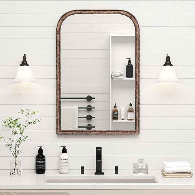 20"x30" Solid Wood Bathroom Mirror Arch Tempered Glass for Wall Mounted, Rustic Wood Frame Wall Mirror Decorative for Living Room Bedroom Vanity Mirror Entryway Mirror, Rustic Brown
