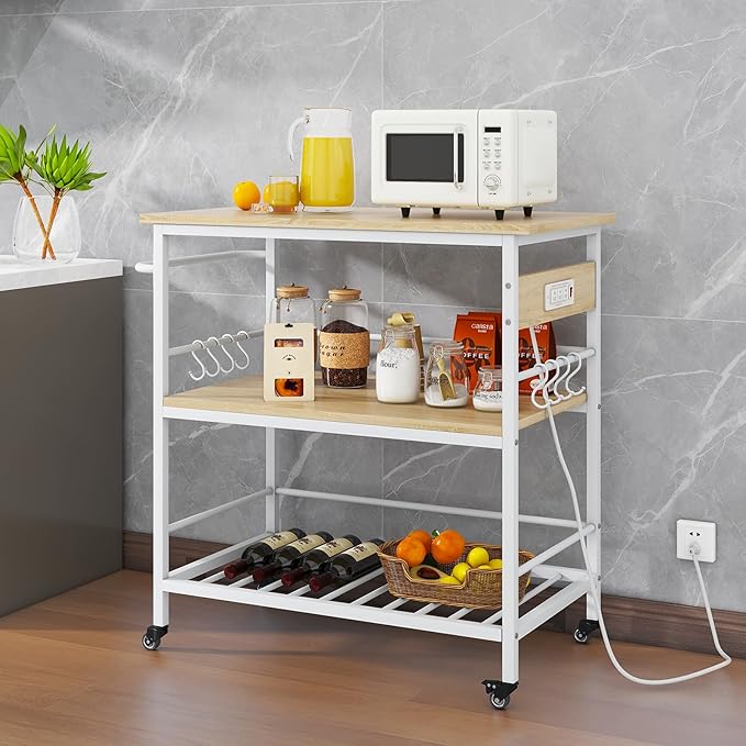 IBUYKE Kitchen Island with 3 Shelves, Island Table for Kitchen with Power Outlet,Kitchen Cart with Large Worktop,Rolling Bar Cart for Home, Outdoor, Kitchen TMJ024R