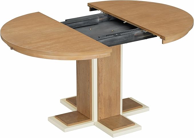 Ball & Cast Farmhouse Extendable Dining Table for 4-6, 42"-58" Extendable Kitchen-Table with a 16" Leaf, Round Ellipse Retro Wood Dining Room-Table w/Double Layer Base,Two Tone Color, Natural