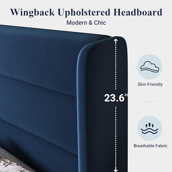 Allewie Queen Size Platform Bed Frame with Velvet Upholstered Wingback Headboard, No Box Spring Needed, Under Bed Storage Space, Wooden Slats, Modern Mattress Foundation, Easy Assembly, Blue