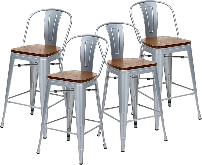 Changjie Furniture 30 Inches Metal Barstools Set of 4 Counter Height Bar Stools Industrial Stools with Backs High Back Chairs for Kitchen Island (30 Inch, Silver)