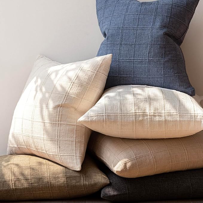 Foindtower Set of 2 Decorative Linen Check Throw Pillow Covers Neutral Farmhouse Vintage Cushion Covers Modern Boho Home Decor For Sofa Chair Couch Bedroom Living Room Outdoor,22×22 Inch,Natural Beige