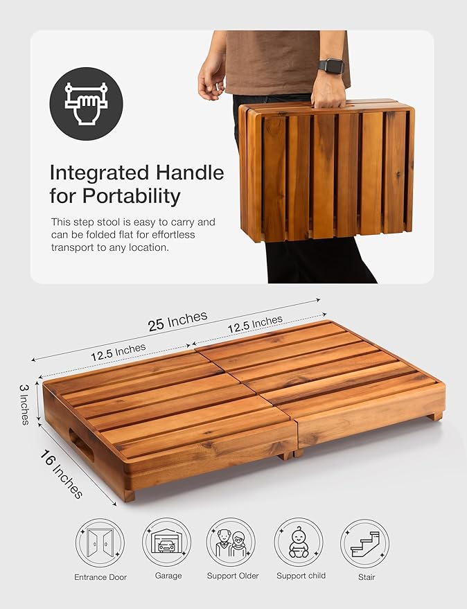 Holana 25in One Foldable Step Stool for Elderly - Acacia Wood High Riser Step Stool for Adults Kid - Wooden Mobility Stepping Stools 400 Lbs Load Capacity for Bathroom Aid Handicap, Bed,Kitchen,Garden