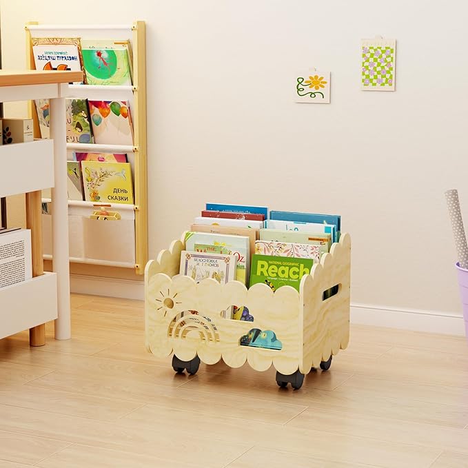 Wood Kids Bookshelf, Montessori Bookshelf, with 2 Adjustable Dividers, 4 Wheels Suitable Kids Rooms, Nursery & Classroom, Book Shelf for Kids Rooms, Toddler Book Rack, Nursery Book Shelves