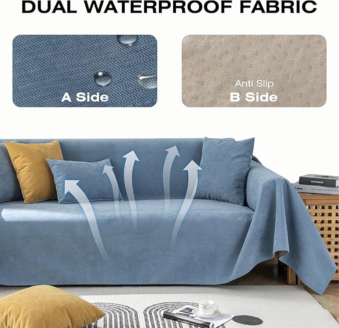 STACYPIK 100% Waterproof Blue Couch Cover for Pets, Sectional L Shape Sofa Cover for 2 Cushion Couch, Anti-Cat Scratch Furniture Protector Cover, Anti Slip Sofa Throw Cover for Dogs Kids-71x71IN