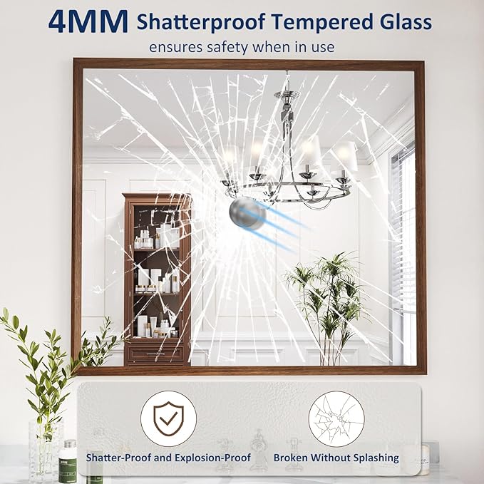 WEER Walnut Bathroom Mirror, Walnut Framed Mirror 40X36 Inch, Rectangle Wall Mounted Bathroom Vanity Mirror with Tempered Glass, Hangs Vertically or Horizontally, Anti-Rust