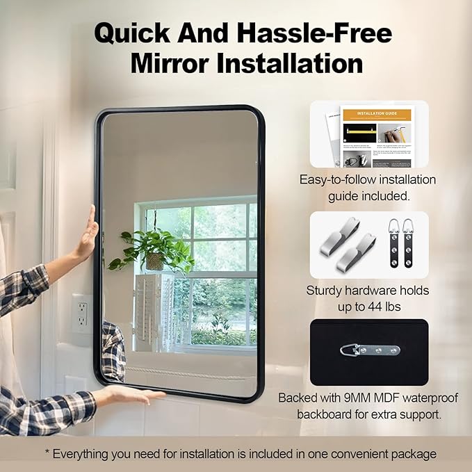 ANDY STAR 24x32 INCH Black Bathroom Mirror, Black Bathroom Vanity Mirrors for Wall, Rounded Rectangle Mirror for Bathroom, Tube Metal Frame, 1’’ Deep Wall Mounted Vertical/Horizontal