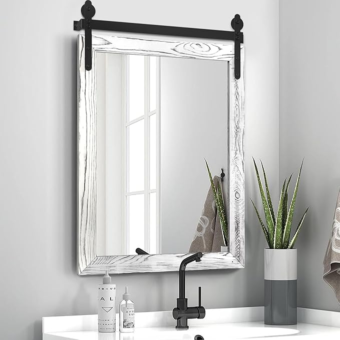 YOSHOOT Farmhouse Barn Door Mirror, 32"x24" Rustic Wood Framed Wall Mounted Vintage Mirror, Wooden Farmhouse Style for Bathroom Living Room Entryway, White, Vertical Hanging ONLY