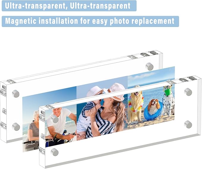HELPLEX Acrylic Frame, 5 Pack 2x6 Photo Booth Frames, 20mm Thicker Frameless Clear Double Sided Magnetic, Free Standing Desktop Display Stand