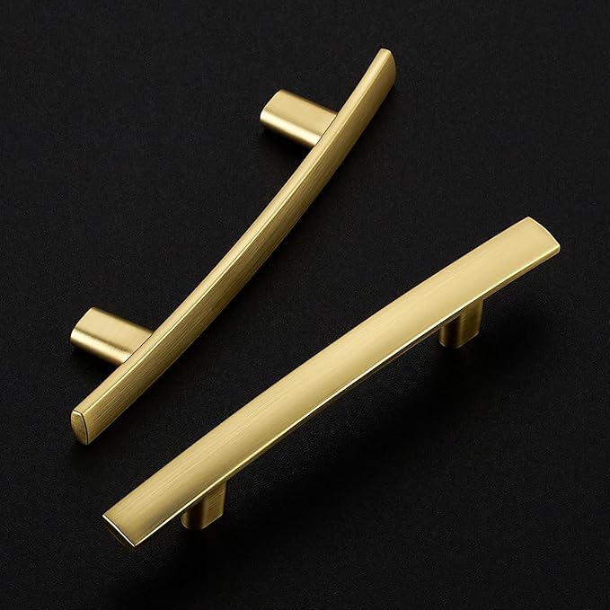 5 Pack Cabinet Handles 3" Hole Center - Curved Cabinet Pulls Brushed Brass Drawer Pulls for Kitchen Cupboard Solid Handles for Dresser Drawer Arch Closet Hardware