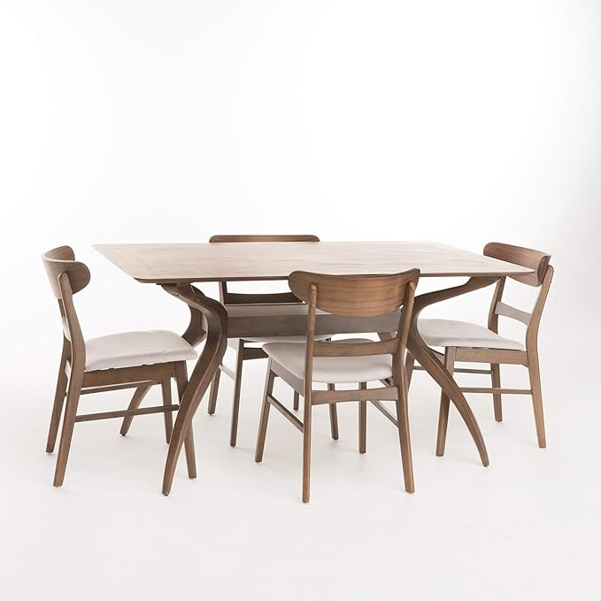 Christopher Knight Home Idalia Curved Leg Rectangular Dining Set, 5-Pcs Set, Natural Walnut / Light Beige