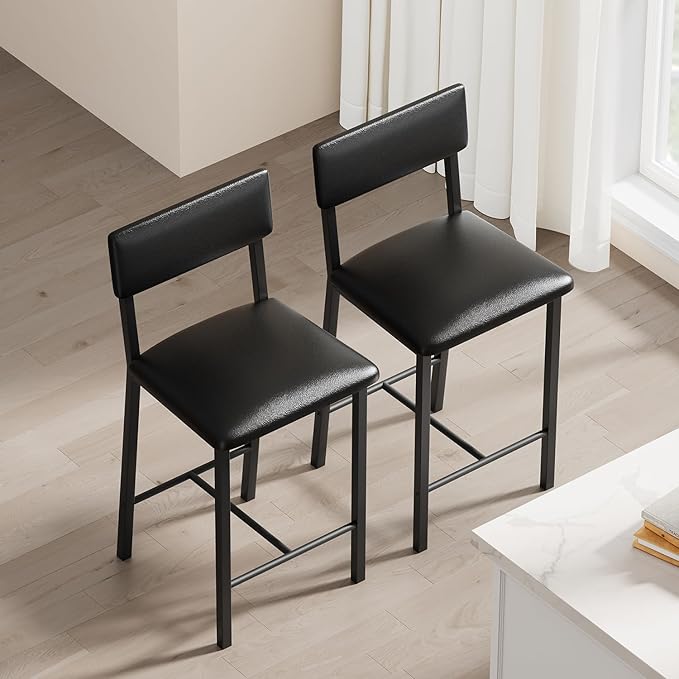 Garvee Bar Stools Set of 2, Kitchen Barstools with Thick Cushion, 25 Inch Counter Height Bar Stools with Backrest and Footrest, for Dining Room, Kitchen Island Counter Chairs, Retro Black