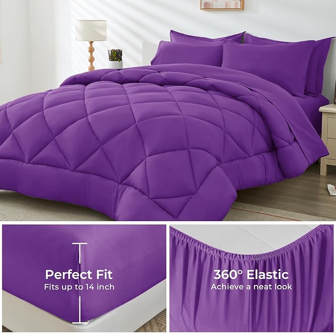 HEVUMYI Purple Full Comforter Set - 7-Piece All Season Bed in a Bag Full, Ultra Soft Bedding Set with Comforter, Flat Sheet, Fitted Sheet, Pillowcases, Pillow Shams