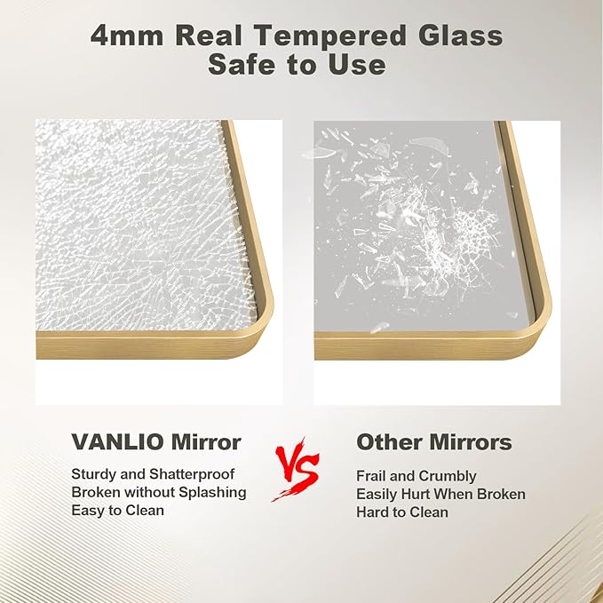 60x36 Inch Gold Framed Bathroom Mirror, Rectangle Brushed Gold Metal Vanity Mirror, Gold Rectangle Mirror for Wall, Rounded Corner, Tempered Glass, Anti-Rust, Shatterproof (Horizontal/Vertical)