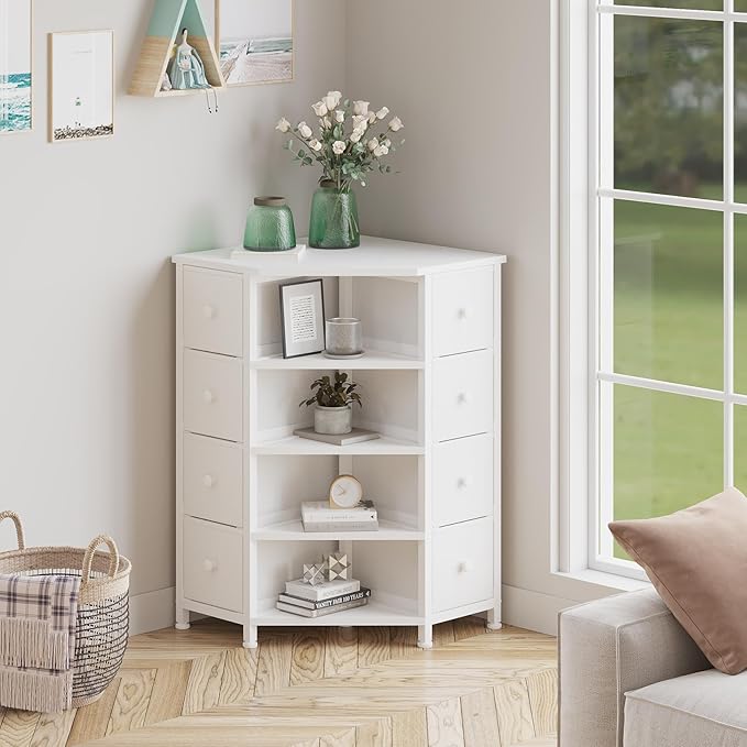 LUMTOK 8 Drawers Corner Dresser with Storage Fabric Drawers and Open Shelves for Small Space，Bedroom，Entryway，Living Room (White)