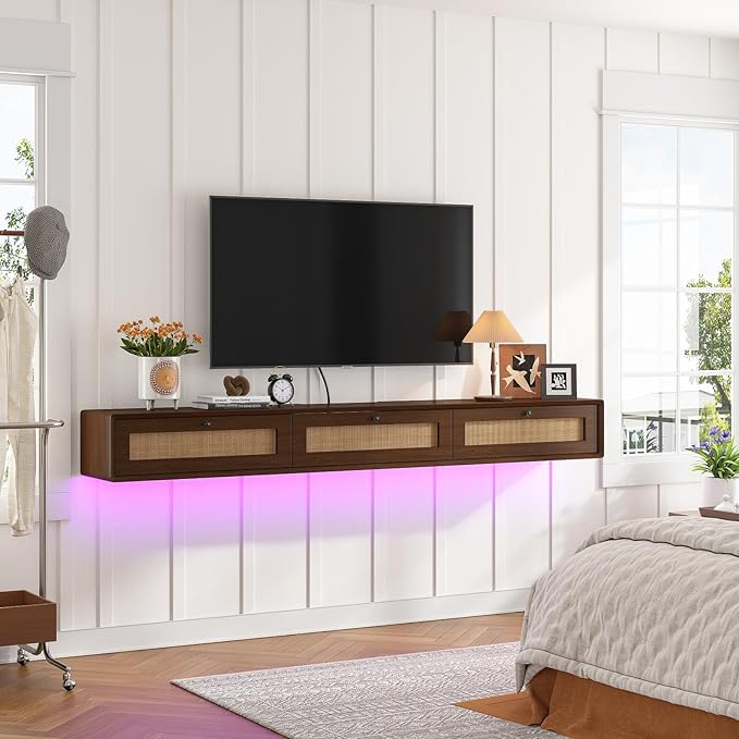 Fully-Assembled Floating TV Stand with 3 Rattan Doors, Rustic Floating Entertainment Center Under TV Shelf, Modern Large Storage Wall Mounted Media Console for Living Room Bedroom 78IN