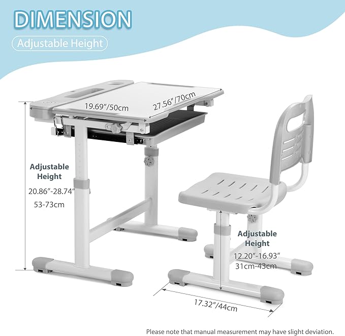 Rengue Kids Desk and Chair Set Height Adjustable School Study Desk and Chair with 55° Tiltable Desktop, 3 Modes &3 Brightness LED Lamps, Storage Drawer and Metal Hook for Boys Girls Gifts (Grey)