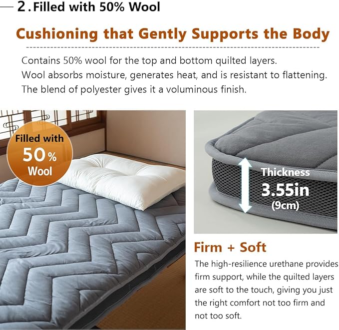 EMOOR Japanese Wool-Blend Padded Futon Mattress GOMA Queen Dark Gray, Gusset Foldable Sotrable Elastic Bands Floor Sleeping Guest Bed Tatami Mat