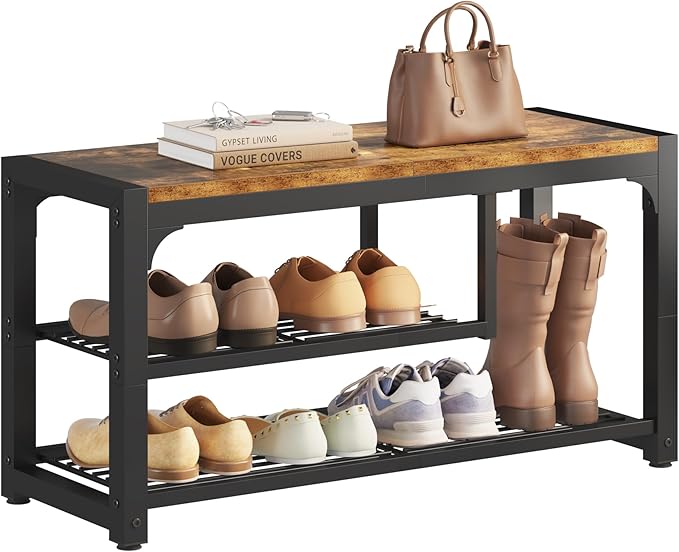HOMEFORT Shoe Bench,3 Tiers Shoe Rack Bench,31.5" Shoe Storage Bench for Entryway, Retro Industrial Entry Bench with Mesh Shelves and Boot Storage,for Front Door Entrance, Rustic Brown