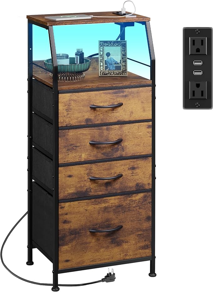 WLIVE 4 Drawer Dresser for Bedroom, 37" H Nightstand with Charging Station and Led Light, Tall Night Stand Bed Side Table, End Table with USB Ports and Outlets, Fabric Bins, Wood Shelf, Rustic Brown