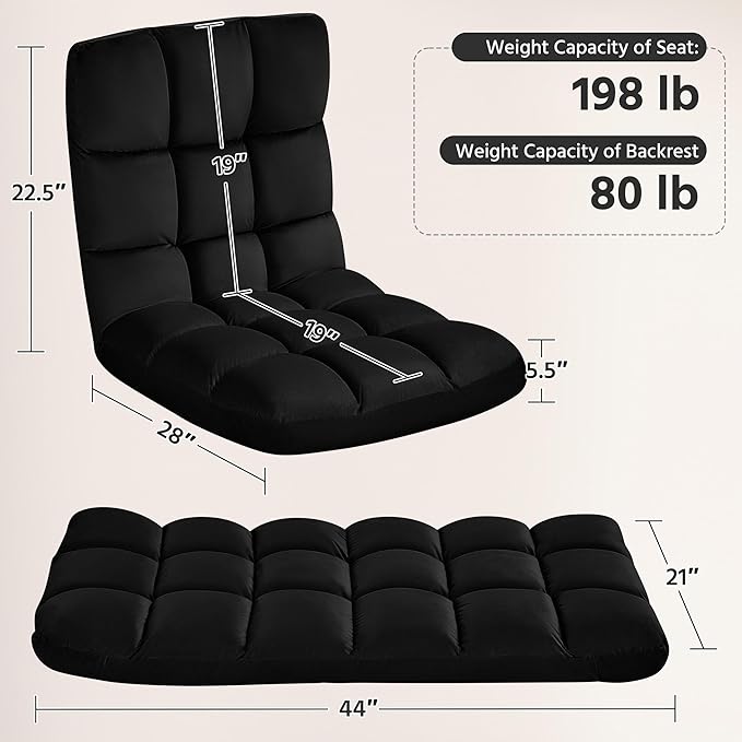 Yaheetech Floor Chair, Meditation Chair with Back Support Gaming Floor Lounger with 14 Adjustable Position for Adult, Black