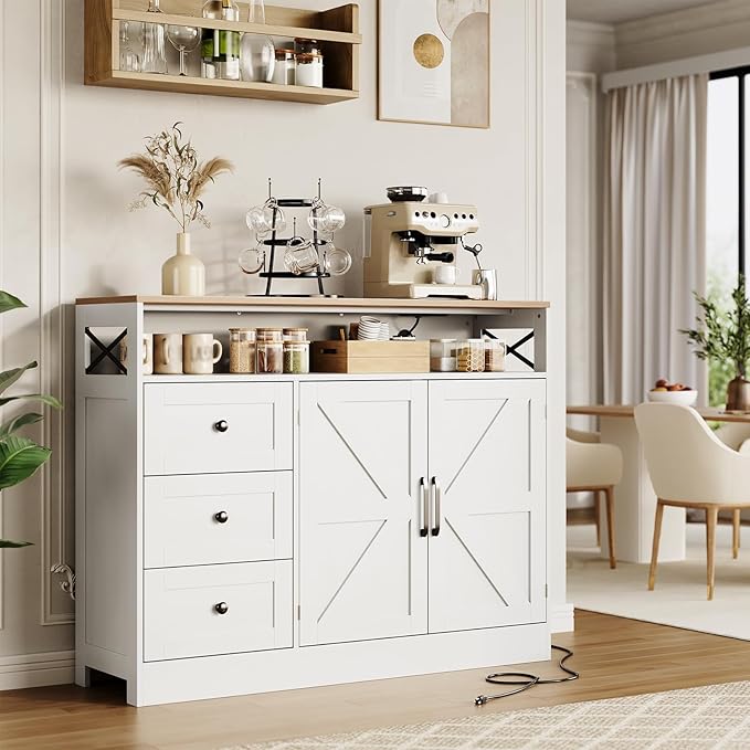 Buffet Cabinet Sideboard with Storage, 47" Farmhouse Coffee Bar Kitchen Buffet Storage Cabinet with 3 Drawers, Adjustable Shelves and Doors, Wood Kitchen Table for Dining Room Furniture