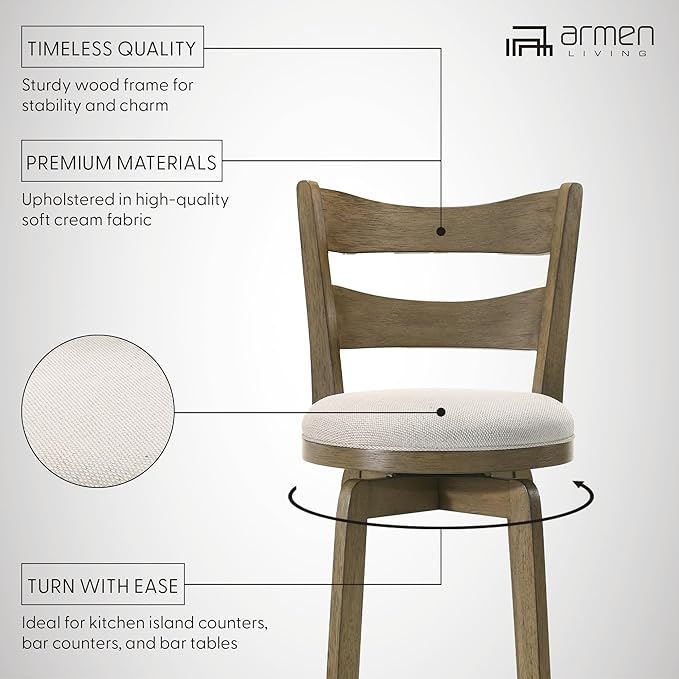 Armen Living Blair 30 in. Putty Brown Bar Height Rubberwood Swivel Barstool with Cream Fabric Seat - Set of 2