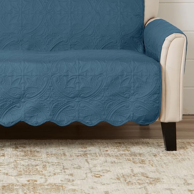 Great Bay Home Medallion Stitched Solid Furniture Protector Stain Resistant Durable Furniture Protector Elenor Collection (Recliner, Smoke Blue/Ivory)
