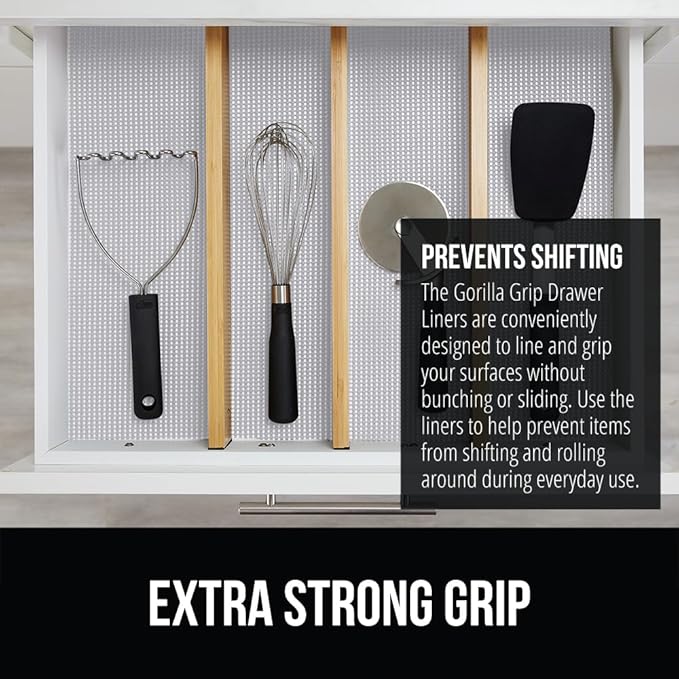 GORILLA GRIP powerGRIP Drawer Shelf and Cabinet Liner, Thick Strong Hold, Non-Adhesive Liners Protect Kitchen Cabinets and Cupboard, Bathroom Drawers, Easy Install, Breathable Mat, 24" x20' Light Gray