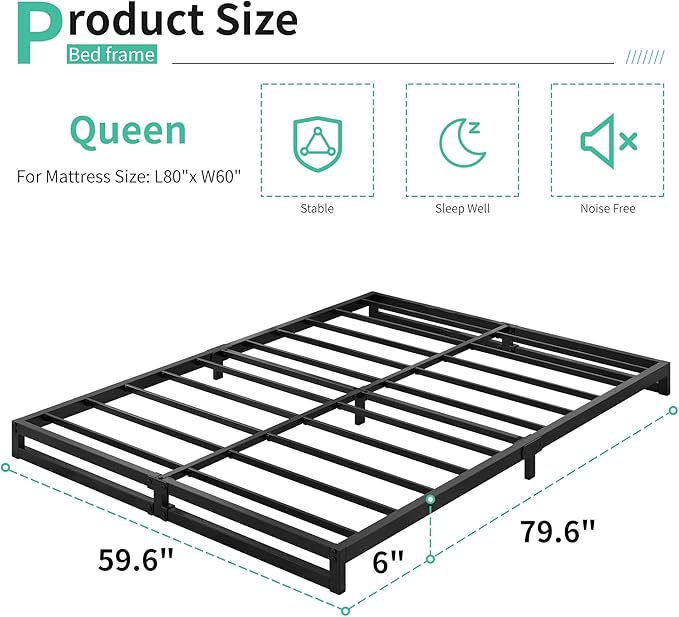 6 Inch Bed Frame Queen Size Heavy Duty Steel Slat Support Metal Platform Queen Bed Frame No Box Spring Needed, Easy Assembly, Black