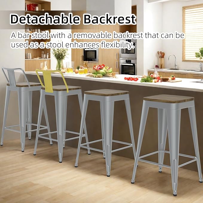 Silver Bar Stools Set of 4, Metal Bar Stools with Wooden Seat, Modern 30”Counter Height Barstools with Low Back