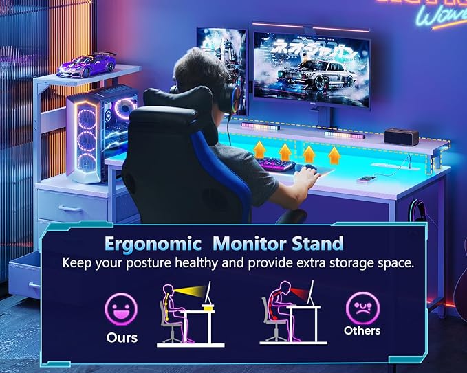 AODK 59 Inch Gaming Desk with USB Charging Ports & LED Light- Reversible Computer Desk with Storage Shelves & Monitor Stand, Modern Gamer Desk Table with Fabric Drawers & Side Hook, Carbon Fiber White