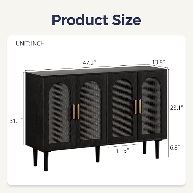 Rattan Cabinet, Mid-Century Modern Buffet Cabinet with 4 Rattan Doors, Black, 47x14x30 inch, Kitchen Sideboard