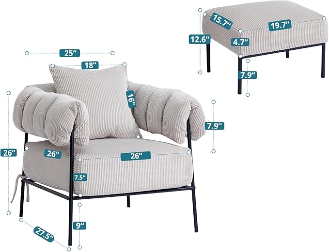 HollyHOME Modern Velvet Accent Chair with Ottoman, Upholstered Comfy Reading Chair and Footstool, Fabric Large Lazy Arm Chair and Stool, Lounge Sofa Chair for Living Room, Bedroom, Grey Chair&Stool