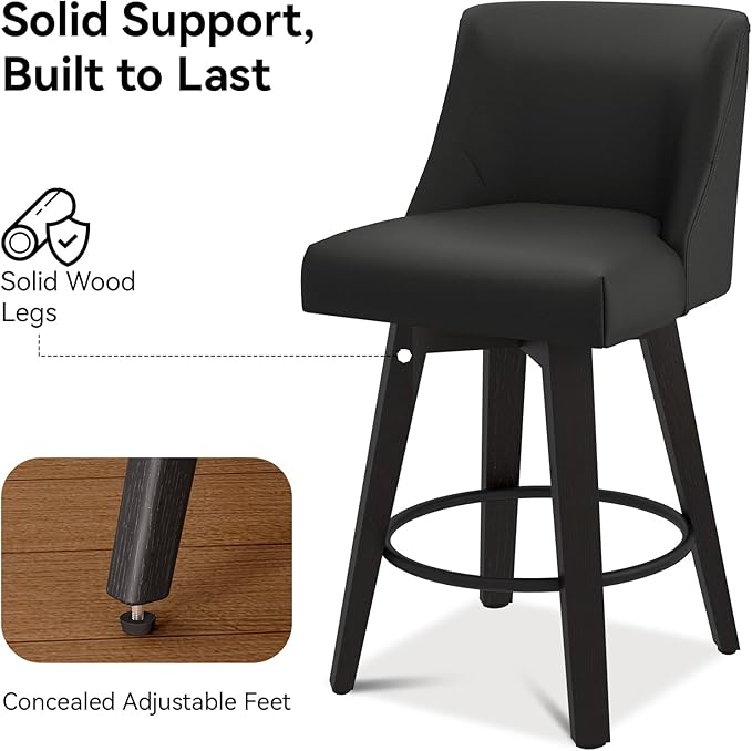 Counter Height Swivel Bar Stools Set of 2, 26 Inch Bar Stools with Footrest, Faux Leather Upholstered Barstools with Back and Solid Wood Legs for Kitchen Island, Dining Room,Pub,Black