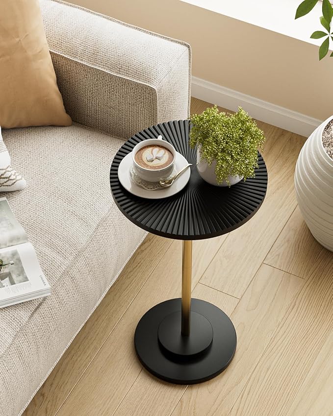 Round Side Table, Small Drink Table for Small Spaces, Modern Accent End Table Coffee Table with Metal Leg for Living Room, Bedroom, Corners, and Office (Black Gold)