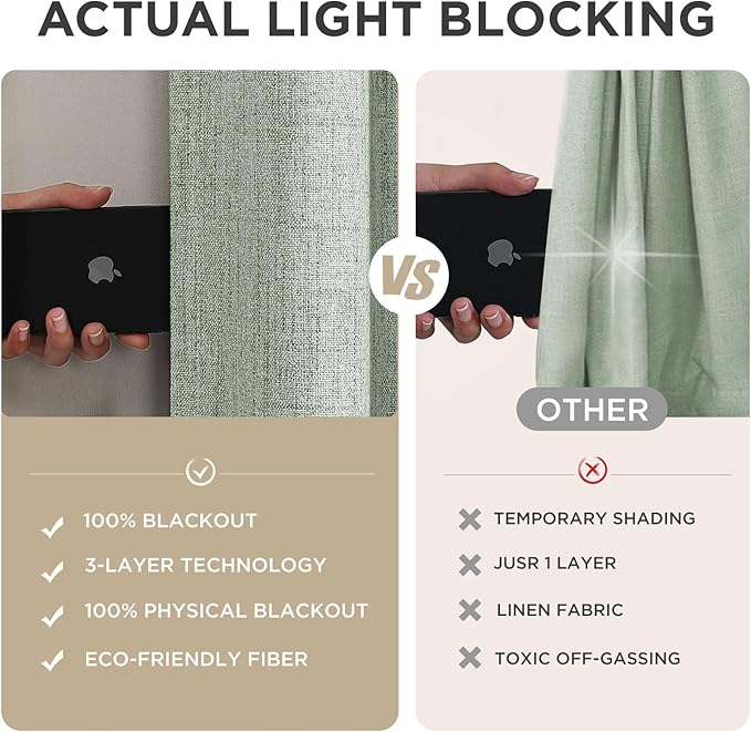 Joydeco Blackout Curtains for Bedroom - 100% Light Blocking 2 Panels Sage Green Drapes 66" W x 90" L, Thermal Insulated Room Darkening Curtains, Linen Textured for Living Room, Rod Pocket & Back Tabs