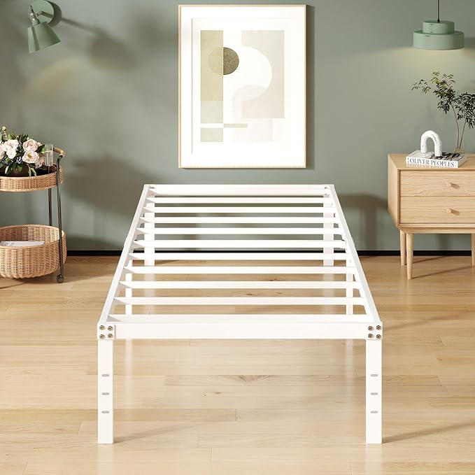 16 Inch White Twin Bed Frames No Box Spring Need, Metal Platform Bed Frame Twin Size Heavy Duty Mattress Foundation, Eassy Assembly 2,500 lbs Steel Slats Support