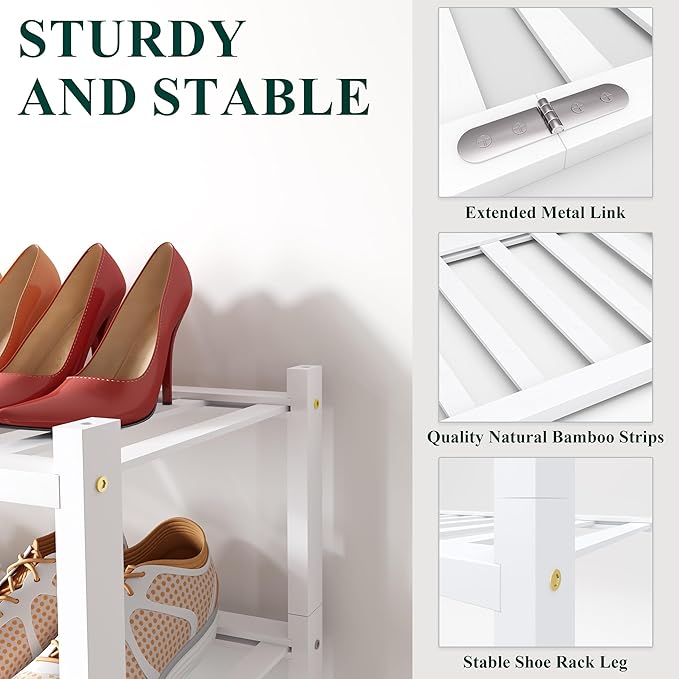 Smiry Shoe Rack, 3 Tier Long Bamboo Shoe Organizer, Stackable Free Standing Wooden Shoe Storage Shelf for Closet, Entryway, Front Door Entrance, White