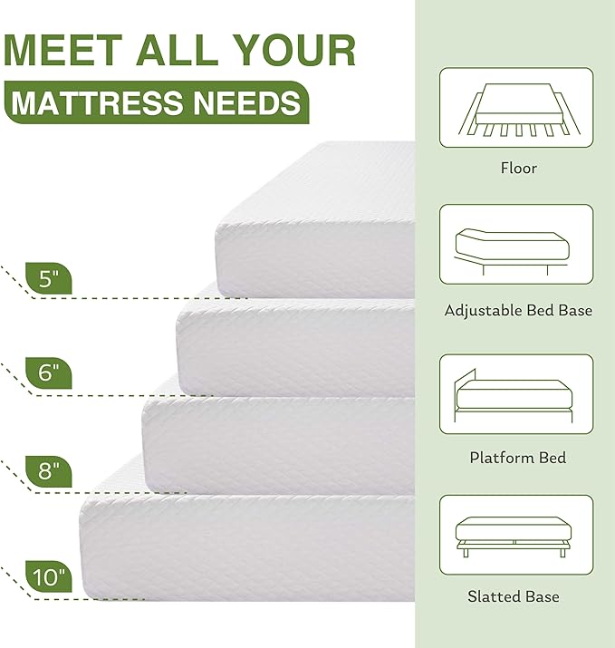 5 Inch Full Size Mattress for Kids, Memory Foam Mattress with Cooling Green Tea Gel, Relieve Pressure with Medium Firm Support, CertiPUR-US Certified, 75''L x 54''W, White