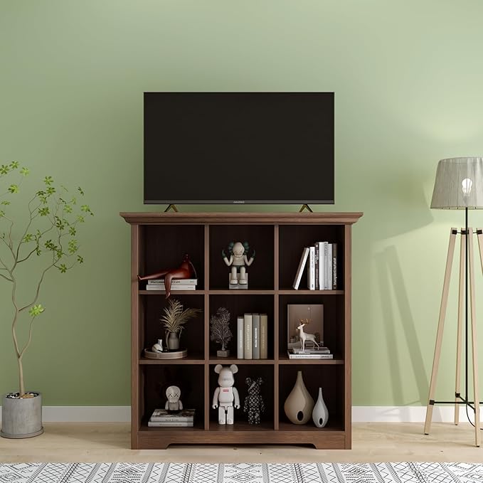 Cube Shelf Bookcase with Base - Wooden 3 Tiers Floor Standing Low Storage Cabinet for Home and Office, 9-Cube Lattice Bookshelf, Walnut