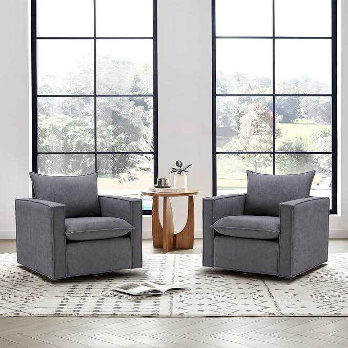 Swivel Accent Chair Set of 2, 34 Inches Wide Upholstered Arm Chair with Plump Back Pillow, Modern Sofa Living Room Chair for Bedroom, Corner, Reading Nook-Grey