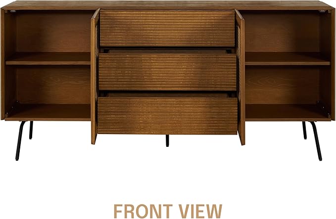NTC MOSSIC Sideboard with 2 Doors and 3 Drawers, Buffet Cabinet with Natural Rattan and Metal Legs, Modern Storage Cabinet for Living Room, and Hallway, Effortless Assembly - Rustic Oak