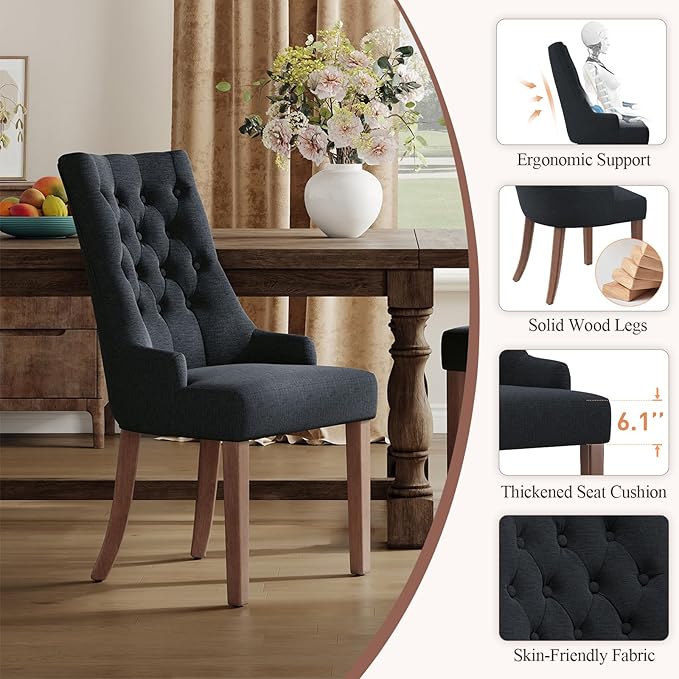 COLAMY Wingback Upholstered Dining Chairs Set of 4, Fabric Side Dining Room Chairs with Tufted Button, Living Room Chairs for Home Kitchen, Black