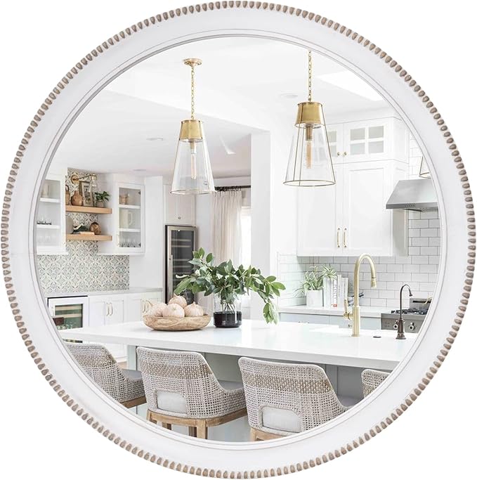 sawsile Wood Circle Mirror,Rustic Farmhouse Wall Mirror 32 inch Round Morden Decoration Wood Large Mirror White Accent Mirror for Bedroom,Living Room