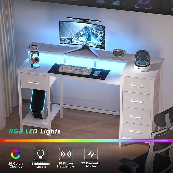 55 Inch Computer Gaming Desk with Power Outlets LED Lights, Reversible Home Office with Adjustable Fabric Storage Drawers for Working Writing Study, White