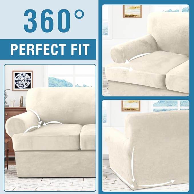 H.VERSAILTEX Sofa Cover 3 Piece Loveseat Slipcovers Thick Velvet Couch Cover Furniture Protector Stretch Sofa Covers for 2 Cushion Couch with 2 Individual T Cushion Covers Washable, Ivory