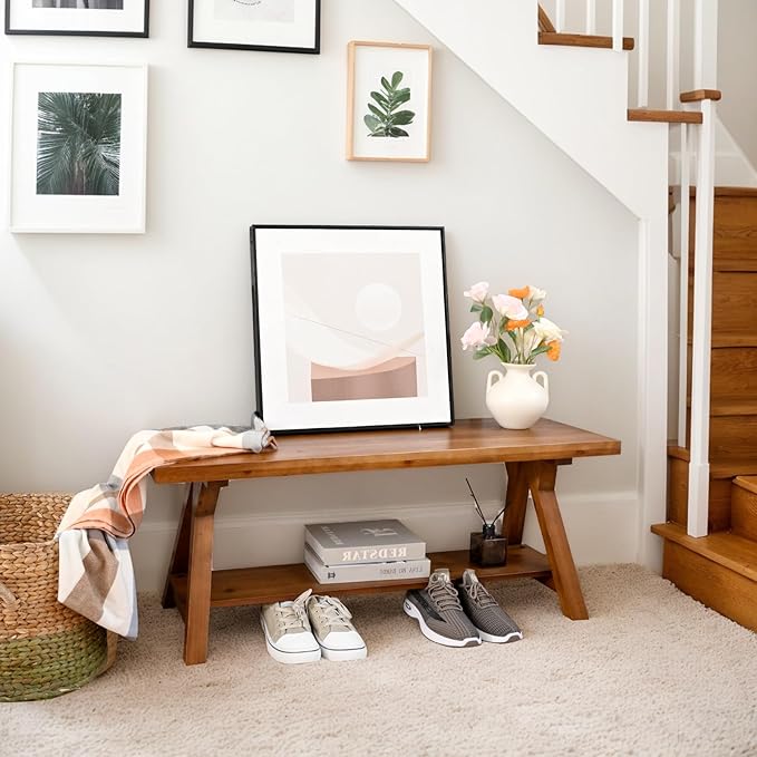 43 Inch Farmhouse Storage Bench, Rustic Solid Wood Entryway Bench for Living Room, Dining Room, Hallway | Indoor Seating with Natural Wood Finish